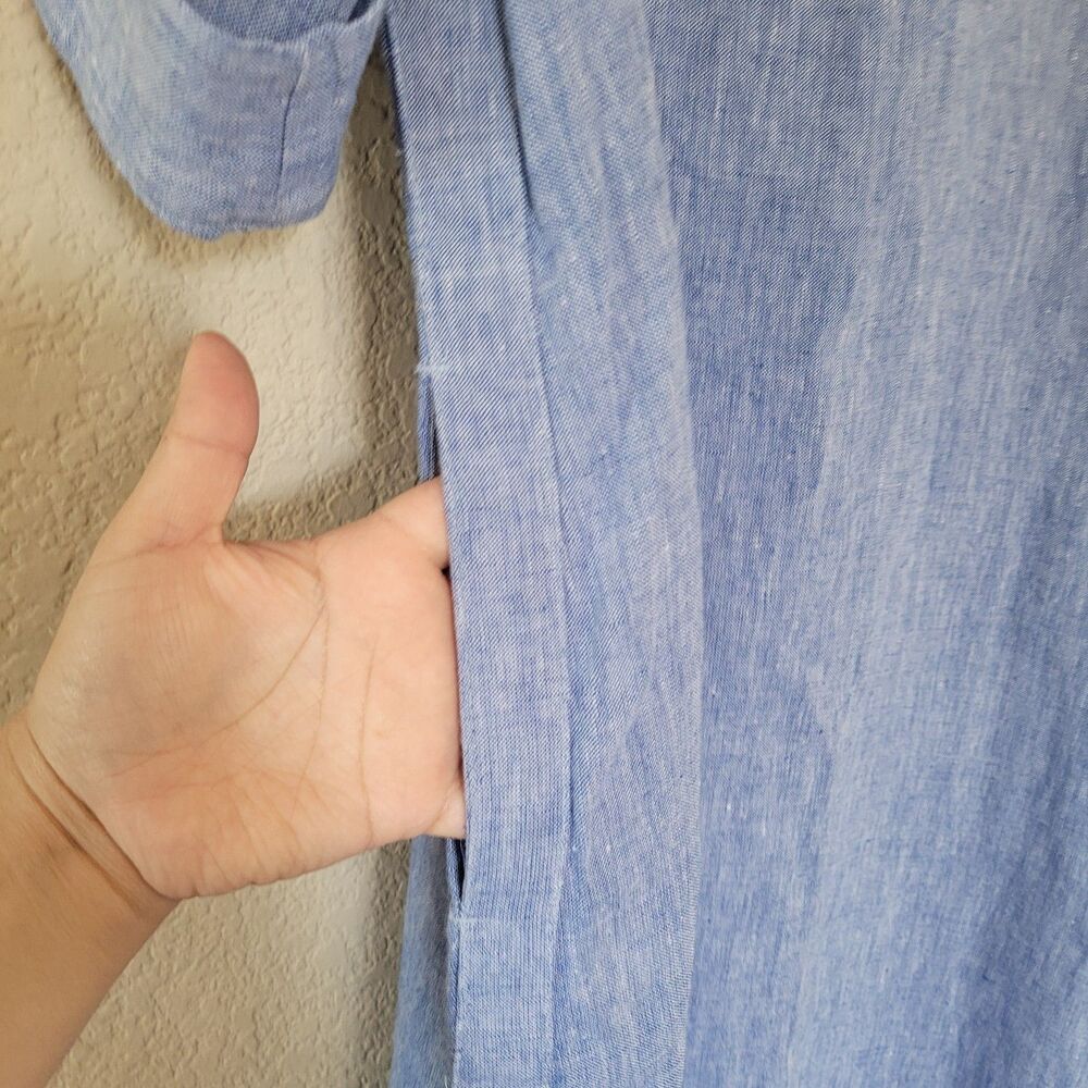 Chicos Maxi Linen Shirt Dress Size 6 Blue Roll Tab Sleeve Lightweight Pockets - Picture 4 of 10